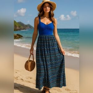 Mudd Babydoll Maxi Dress M Coastal Coquette Y2K Striped Royal Blue Sweetheart